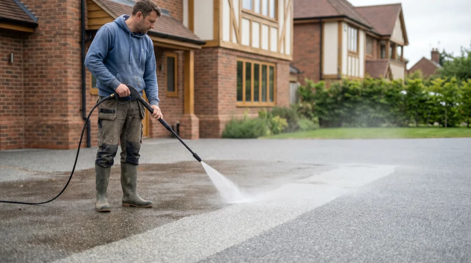 A person jet-washing a resin bound driveway