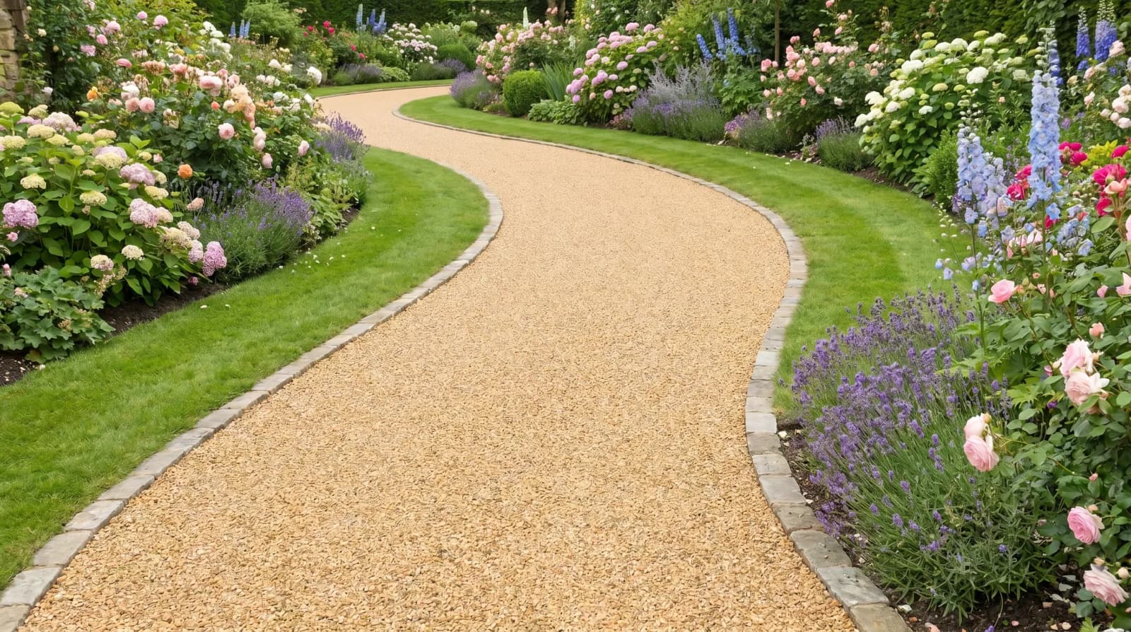 A resin bound path winding through a planted UK garden