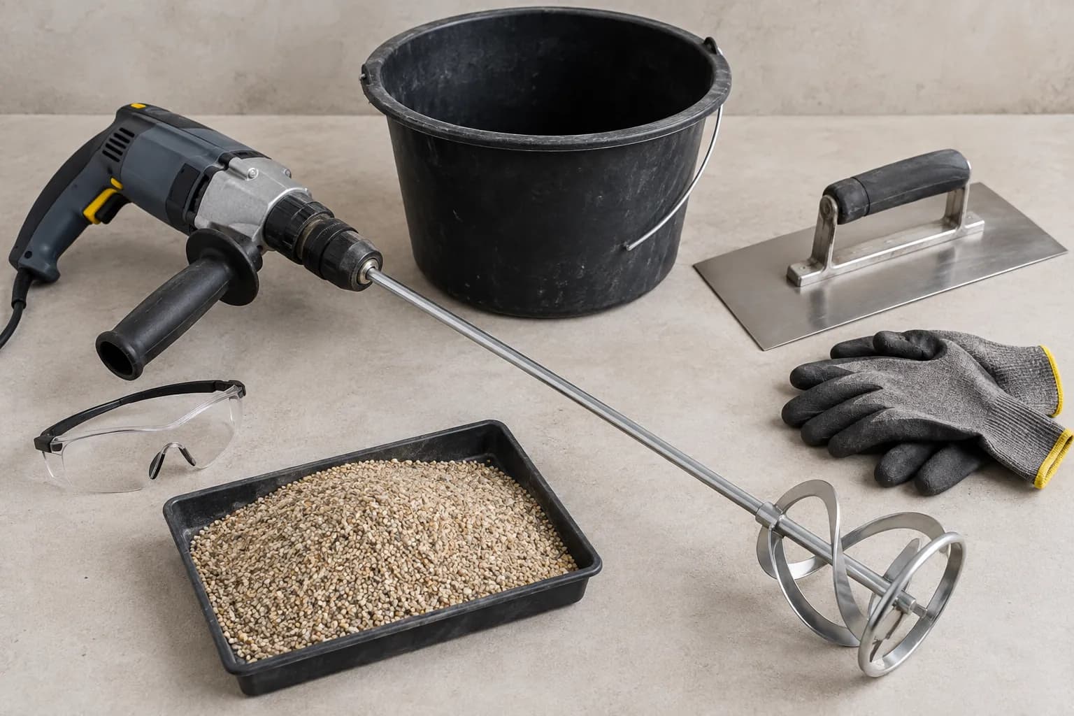Illustrated small-batch tools: drill and mixing paddle, bucket, trowel, gloves, goggles and aggregate