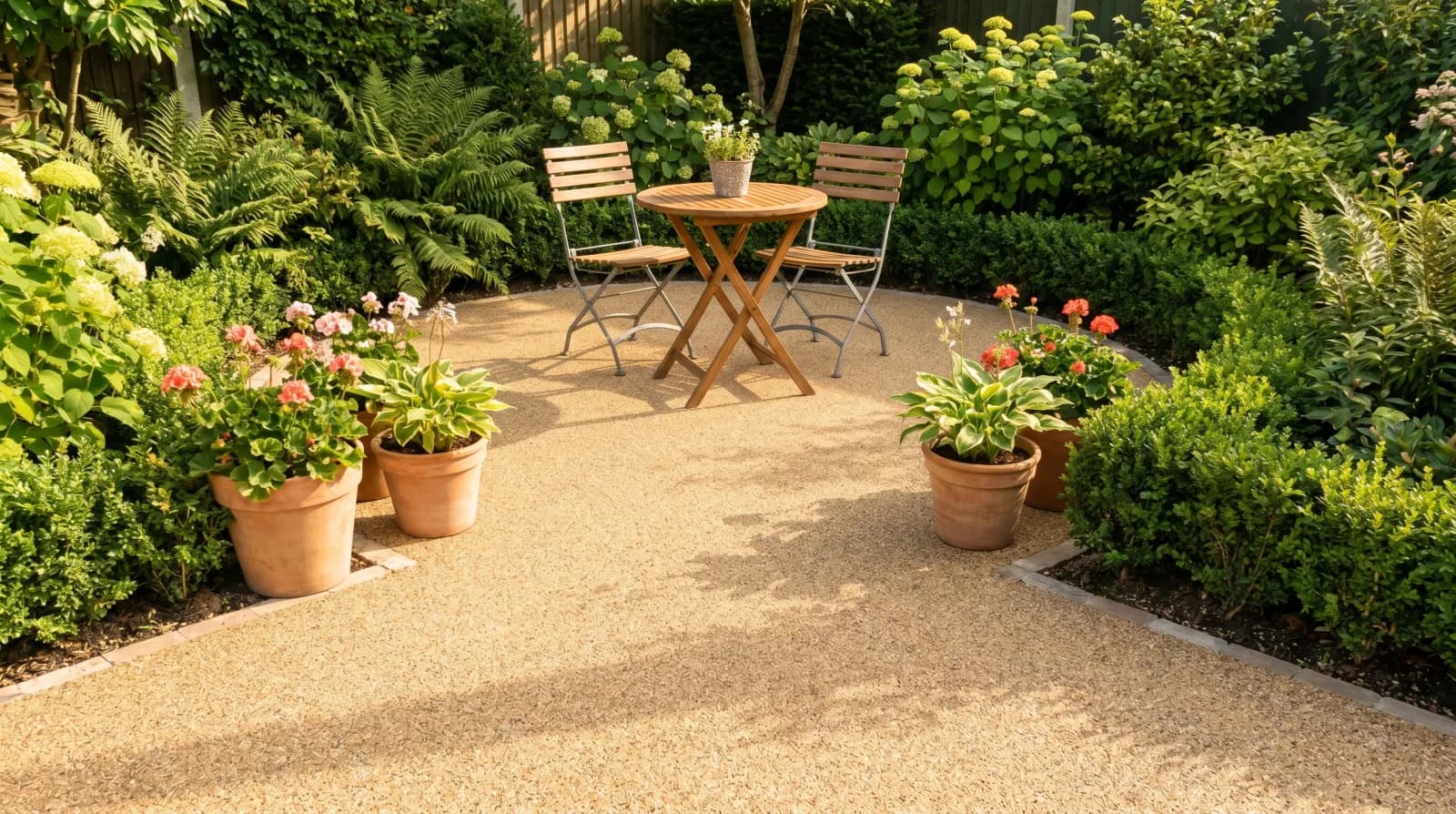 A resin bound patio seating area in a UK garden