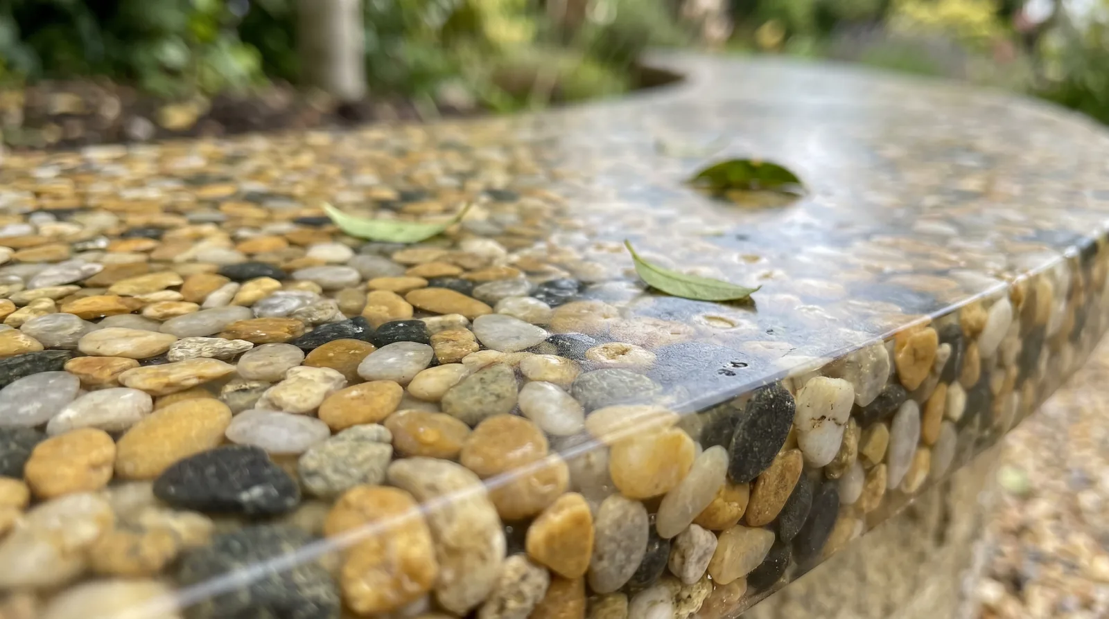 Close-up of a resin bound driveway surface — gravel set smoothly in clear resin